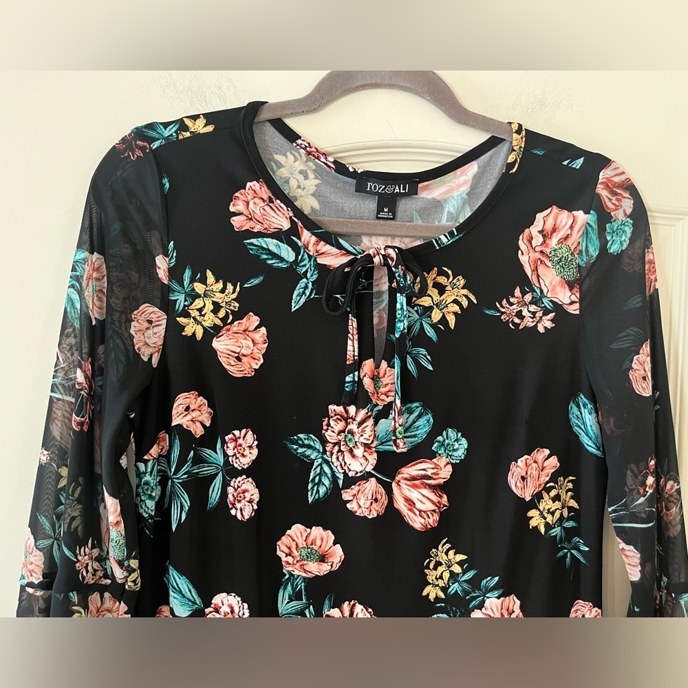 Roz & Ali Black Floral Tie-Front, Sheer Long Sleeve Dress Women’s Size Medium - Picture 11 of 15